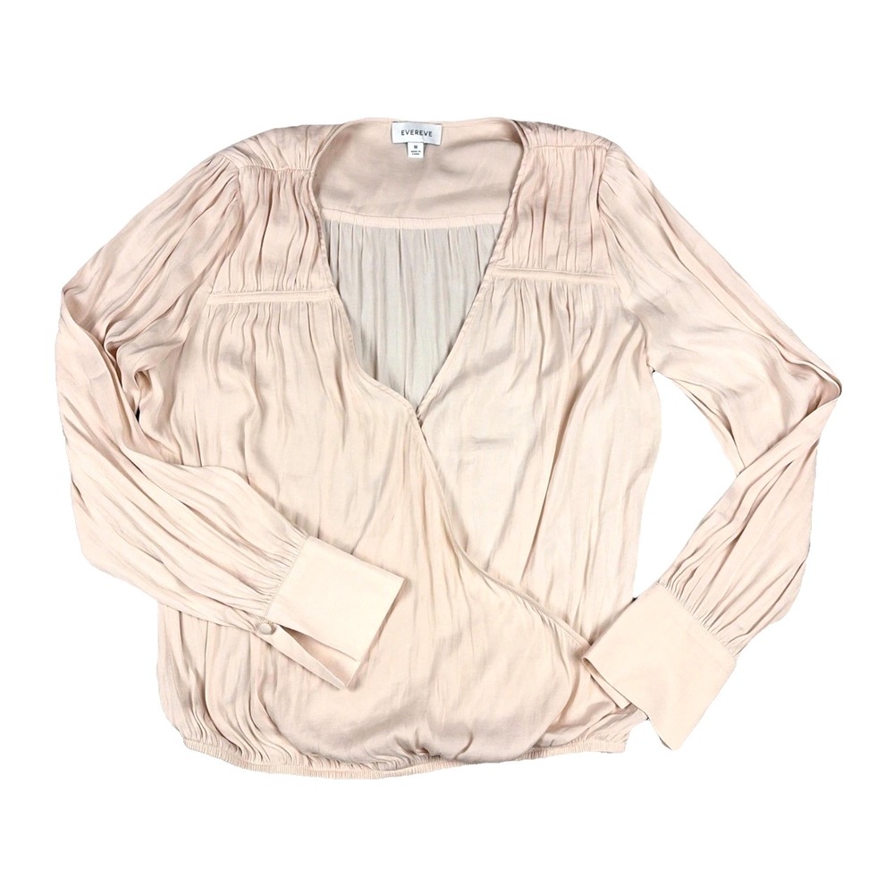 Evereve Surplice Blouse Womens Medium Pink Long Sleeve Pleated Faux Wrap Top